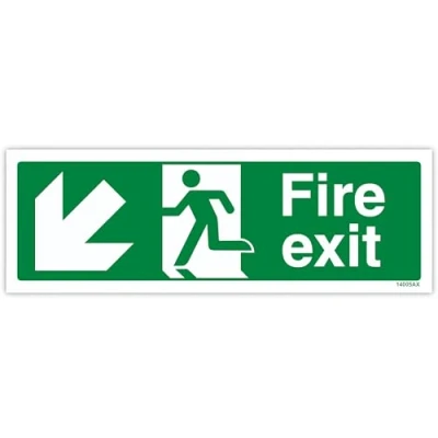 Image of V Safety 14005AX R Fire Exit Arrow Down Left Sign Landscape 300mm x 100mm 1mm Rigid Plastic, Green