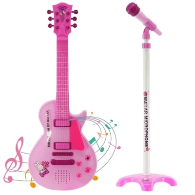 Image of Kids 6 String Pink Electric Play Guitar &amp; Microphone Set with Adjustable Stand Musical Toy, 8 Demo Songs