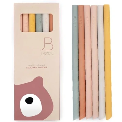 Image of J.Børn 6 Pcs Reusable Silicone Straws with 1 Cleaning Brush 22cm Long 5.5mm Wide Straight Drinking Straw Premium Food Grade Soft Flexible for Children &amp; Elderly (Pink)