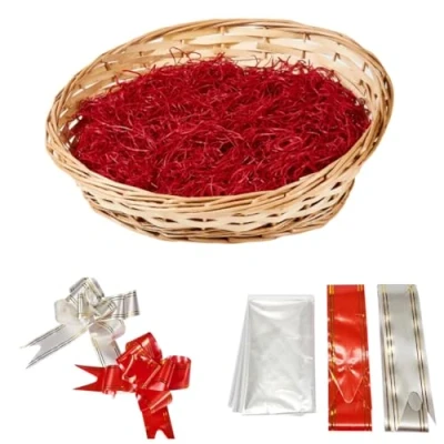 Image of ADEPTNA Premium Wicker Gift Hamper Basket Kit Create Your Own Festive Present Includes Cellophane Bag Ribbon and Wood Wool (NATURAL)