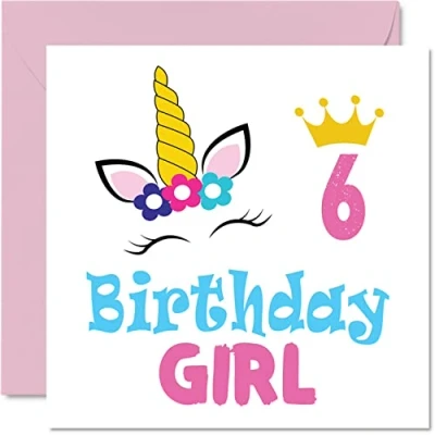Image of 6th Birthday Card Girl Unicorn Happy 6 Year Old Girl, Girls Cards for Her, 145mm x Greeting Daughter Niece Granddaughter Kid Children