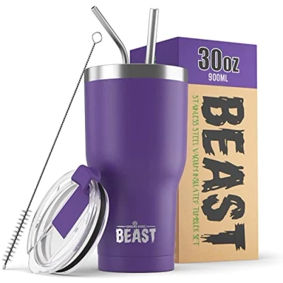Image of Beast Tumbler 900 ml (30 oz), Purple Reusable Stainless Steel, Vacuum Insulated Cup with + 2 Straws &amp; Cleaning Brush Double Wall Travel Flask Perfect for Hot or Iced Coffee BPA Free