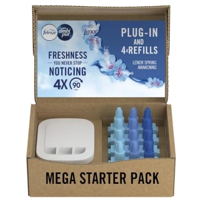 Image of Febreze 3Volution Plug In Air Freshener Starter Kit + 4 Refills, Odour Eliminator &amp; Bathroom Freshener, Spring Awakening