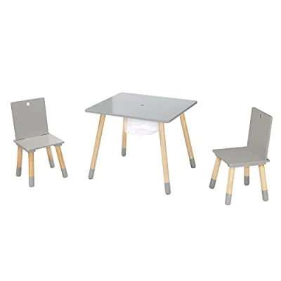 Image of roba Wooden Children&#039;s Play Table and Chair Set with 2 Chairs 1 Table, Incl. Storage Net (Grey)