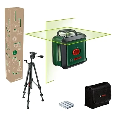 Image of Bosch Cross line Laser UniversalLevel 360 with Premium Tripod (Vertical + Horizontal Lines incl. for Alignment Throughout The Entire Room, in E Commerce Cardboard Box)