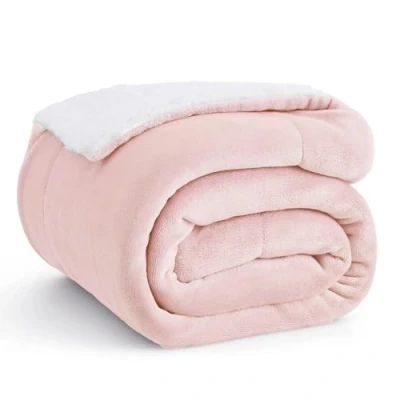 Image of Bedsure Sherpa Fleece Throw Blanket Fluffy Microfiber Solid Blankets for Bed and Couch Double/Twin Size, Pink, 150x200cm