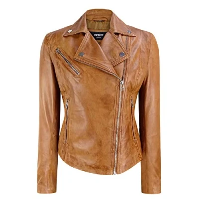 Image of Infinity Ladies Retro Brando Tan Biker Casual Soft Nappa Leather Jacket XL 16