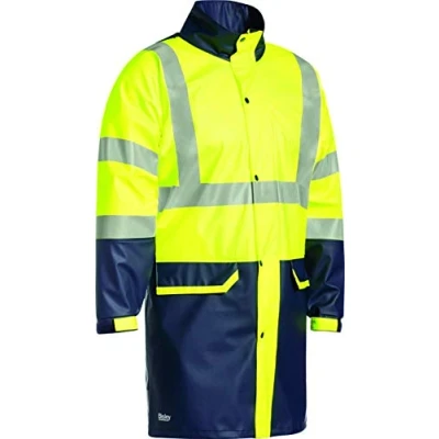 Image of Bisley Workwear UKBJ6935HT_TT04 Flex &amp; Move Waterproof Rain Coat Stretch PU Two Tone Hi Vis Long Sleeve 190GSM Yellow/Navy, XS