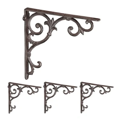 Image of Relaxdays Shelf Brackets, Set of 4, Cast Iron, Antique Style Supports, for Wall Mounted Shelves, 24.5x4x24.5 cm, Brown