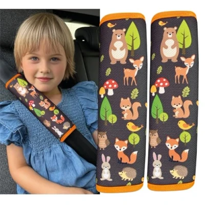 Image of HECKBO 2X Kids Car Seat Belt Pads Protectors Forest Animals for and Babies Ideal Any Booster Bicycle