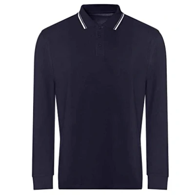 Image of COOZO Mens Long Sleeve Tipped 100 Polo Shirt Oxford Navy/White M