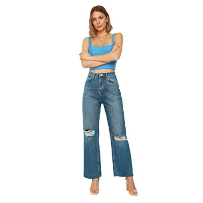 Image of Trendyol Woman Young High Waist Wide Leg 90&#039;s Jeans Dark Blue