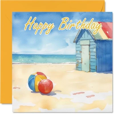 Image of Birthday Cards for Women Men Watercolour Beach Happy Card Mum Dad Brother Sister Uncle Auntie Cousin Grandad Nanny Friend 145mm x Bday Greeting