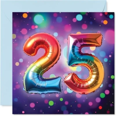 Image of 25th Birthday Cards for Women Men Rainbow Foil Balloon Happy Card 25 Year Old Woman Man Auntie Wife Son Uncle, 145mm Bday Greeting