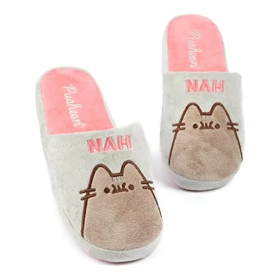 Image of Pusheen Womens Slippers Adults Teens Grey NAH or Brown Fur Plush Cat Character Design Options Anime Cartoon Animal Slip On Mules House Shoes