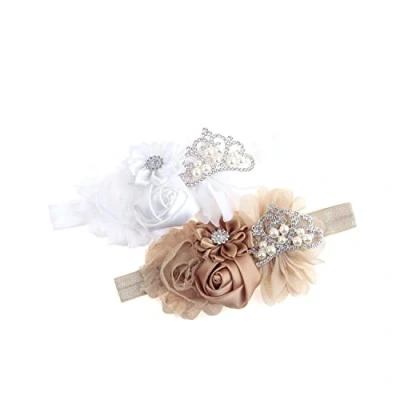 Image of Nishine Baby Christening Headband Toddler Girls Fabric Flower Tiara Stretchy Elastic in Pairs (Child, White/Khaki)