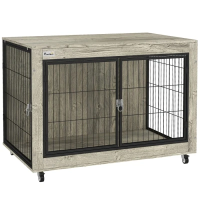 Image of PawHut Dog Crate Furniture on Wheels, Cage End Side Table with Lockable Double Doors, for Large Dogs, 100 x 60 73.5cm, Grey