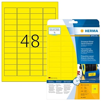 Image of HERMA Self Adhesive Film Labels, 48 Labels per A4 Sheet, 25 Sheets, 45.7 x 21.2 mm, 1200 Blank Weatherproof Stickers, Sticky for Laser &amp; Inkjet Printer, Yellow