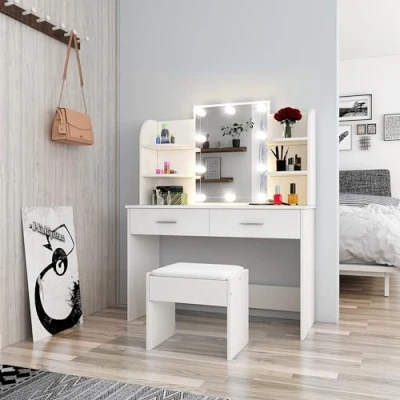 Image of Chebinsiti Dressing Table with LED Lights, White Vanity Adjustable Brightness Mirror and Stool Makeup Set 2 Drawers 4 Shelves Cosmetic Bedroom Dresser Furniture