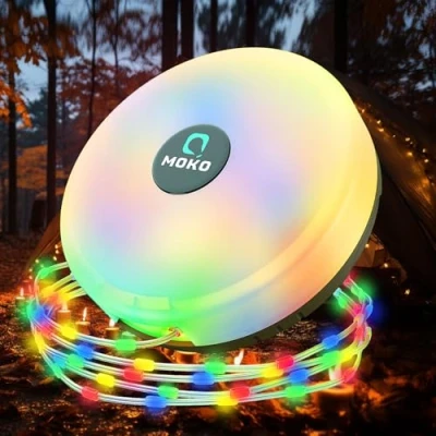 Image of MoKo Camping String Lights, 3 in 1 Portable Rechargeable Outdoor Fairy Lights with 8 Lighting Modes, 32.8Ft Retractable for Outdoor,Garden,Camping,Christmas Decoration, Colorful