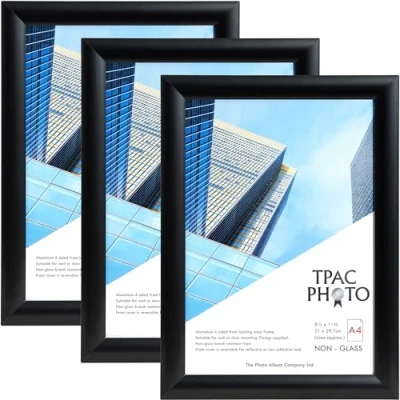 Image of ThePhotoAlbumCo Snap A4 (21x30cm) Black Frame Pack of 3 Acrylic (Non Glass) Front TPAC SNAPA4BLK 3PK