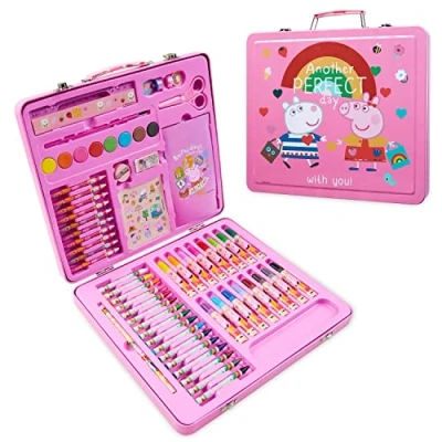 Image of Peppa Pig Kids Art Set Crafts Drawing and Painting Sets for Children Travel Case 40 Plus Pieces Watercolour Paints Crayons Colouring Pencils Supplies Gifts Girls (Pink)
