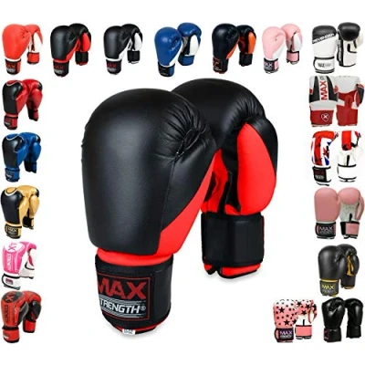 Image of MAXSTRENGTH Boxing Gloves Kickboxing Punching Training Muay Thai UFC Fight Mitts MMA (Black/Red (Plain), 14oz)