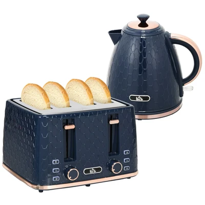 Image of HOMCOM Kettle and Toaster Set, 1.7L 3000W Fast Boil Jug with Auto Shut Off, 4 Slice 7 Level Browning Controls &amp; Crumb Tray, Blue