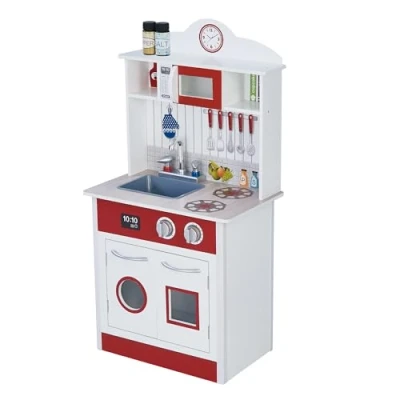 Image of Teamson Kids Little Chef Madrid Classic Interactive Wooden Play Kitchen with Sink, Oven and Microwave Storage Space for Easy Clean Up, White Red Accents
