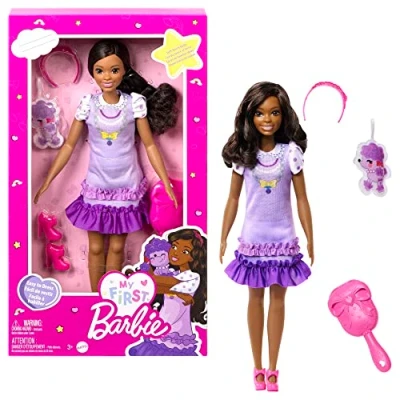 Image of Barbie Doll for Preschoolers,My First Brooklyn doll, 13.5 Inch Black Hair, Kids Toys and Gifts, Plush Poodle, Accessories, Soft Poseable Body, from 3 Years, HLL20