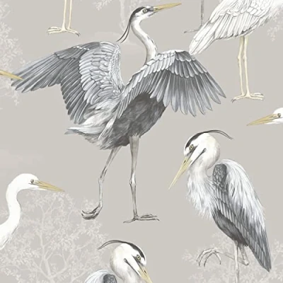 Image of RASCH (U.K) Limited Dimension Heron Wallpaper Modern for Living Room, Bedroom, Fireplace Decorative Luxury Nature Wall Paper with Hand Drawn Herons &amp; Trees (White/Grey/Beige)