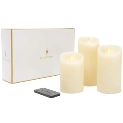 Image of Luminara LED Living Flame Effect Set of 3 Real Wax Ivory Pillar Candles Remote Control Enabled With Free
