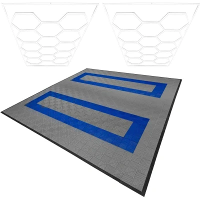 Image of MonsterShop Hexagon LED Lights x 2 &amp; Vented Garage Floor Tiles with Edges 165 Grey 60 Blue