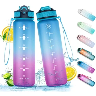 Image of NAVTUE 1L Water Bottle with Straw, Sports Drinks Time Markings, Leak Proof, Tritan BPA free for School/Cycling/Running (BluePurple)