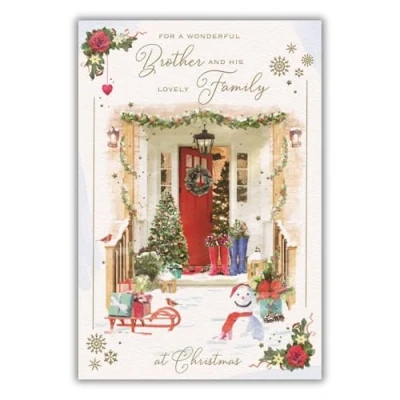 Image of ICG Wonderful Brother and his Lovely Family Christmas Card Festive Porch Snowman Embossed with Foil Flitter Details
