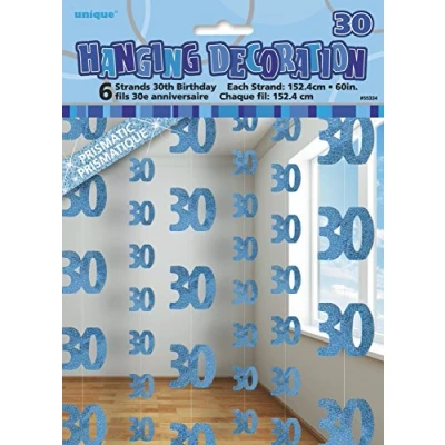 Image of Unique Party 55334 5ft Hanging Glitz Blue 30th Birthday Decorations, Pack of 6