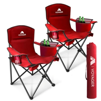 Image of Voyager Folding Camping Chairs 2 Pack with Cooler Bag, Lightweight Q195 Steel Frame, 600D Oxford Fabric, Portable &amp; Comfortable Black (Red, Pouch/Cooling)