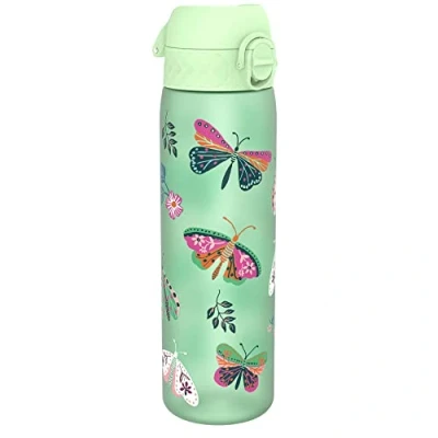 Image of Ion8 Water Bottle, 500 ml/18 oz, Leak Proof, Easy to Open, Secure Lock, Dishwasher Safe, BPA Free, Hygienic Flip Cover, Carry Handle, Clean, Odour Carbon Neutral, Wild Butterfly Design