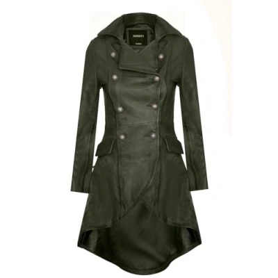 Image of Women&#039;s Gothic Green Leather Edwardian Victorian Flare Coat
