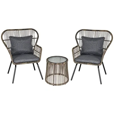 Image of Outsunny 3 Pieces Rattan Bistro Set, Wicker Garden Furniture Set with Cushions, Glass Top Coffee Table and Chairs for Outdoor, Patio, Balcony, Grey