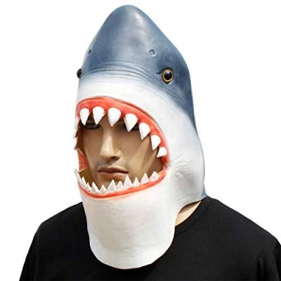 Image of CreepyParty Shark Mask Latex Realistic Sea Animal Full Head for Halloween Costume Party Carnival Cosplay,Blue