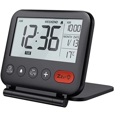 Image of NOKLEAD Digital Travel Alarm Clock Mini Portable LCD Display with Backlight Calendar Temperature Snooze 12/24H Makeup Mirror, Small Folding Battery Operated Desk for Kid Bedroom (Black)