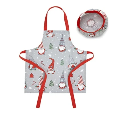 Image of Catherine Lansfield Dining Christmas Gnomes Cotton Kids Apron &amp; Hat Set Grey/Red