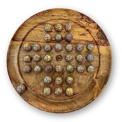 Image of 30cm Diameter MANGO WOOD solitaire board game with SPECKLED GOLDEN SPINOSAURUS GLASS MARBLES classic wooden strategy