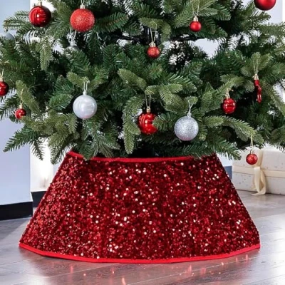Image of Taylor &amp; Brown Dazzling Sequin Diamond Christmas Tree Skirt Stand Base Xmas Natural Folding Collar Basket Cover Decoration Tidy Home Decor 68 x 25cm (Red)