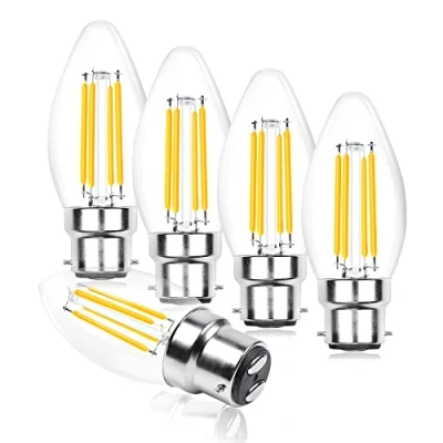 Image of Luxvista 4W Candle Bulbs Bayonet Dimmable LED BC Light Warm White 2700K, Clear Cap B22 Lamp 40W Incandescent Equivalent, C35 Filament Bulb (5 Pack)