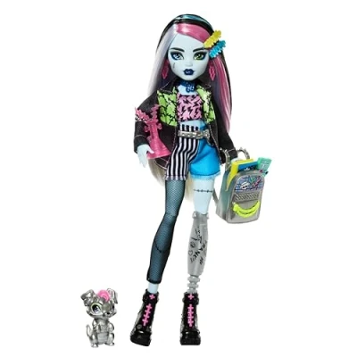 Image of Monster High Frankie Stein Doll in Denim Jacket and Shorts, Includes Pet Dog Watzie Accessories like a Backpack, Snack Notebook, HXH73