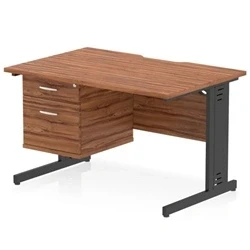 Image of Impulse 1200 x 800mm Scalloped Edge Office Desk Walnut Top Black Cable Managed Leg Workstation 1 2 Drawer Fixed Pedestal