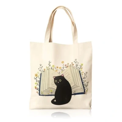 Image of TUONYIS Cat Canvas Tote Bag，Tote Bag with Zip，Canvas Bag，Cat Print Bag,Cotton Reusable Shopping Pocket，Cute Beach Bags Aesthetic for Women As Gift. (white)