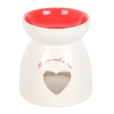 Image of White Ceramic Oil Burner &amp; Wax Warmer with Heart Cut Out &#039;All You Need Is Love&#039; Text Creates Romantic Glow for Valentine&#039;s Day, Mother&#039;s Day Special Occasions Compatible Oils Melts